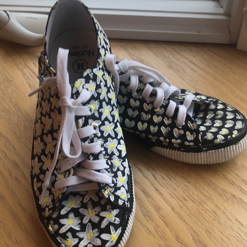 Handpainted Hurley Sneakers Flowers and Hearts Sz 7